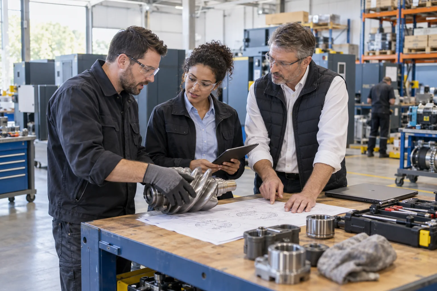 Team tecnico commerciale esamina componenti e progetto di un compressore