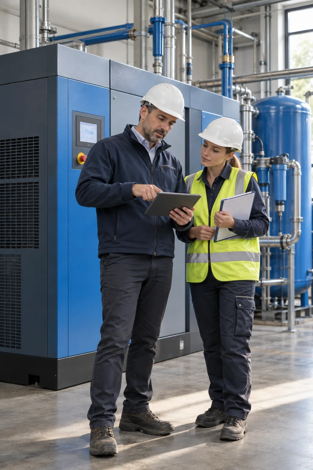 Consulente e responsabile di stabilimento valutano un compressore a vite